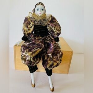 PORCELAIN Clown Doll Harlequin Mardi Gras Wired Posable Jester Gold Purple 15"